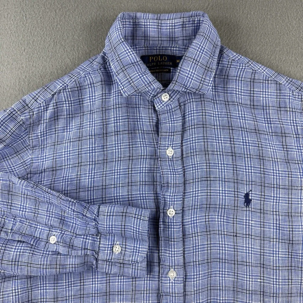 Polo Ralph Lauren Ocean Wash Linen Blue Plaid Button Down Shirt Blue Mens Medium